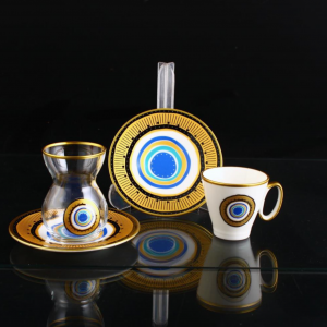 idea regalo LaModaHome tazza da tè in vetro set di 6 bicchieri da tè turchi arabi con supporti dorati e piattini – Set vintage fatto a mano 